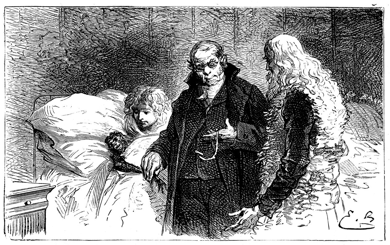 Illustration pour le roman de Hector Malot « Sans Famille » : Joli-Cœur, le singe savant malade, est examiné par un médecin en présence de Rémi et Monsieur Vitalis - Emile Antoine Bayard