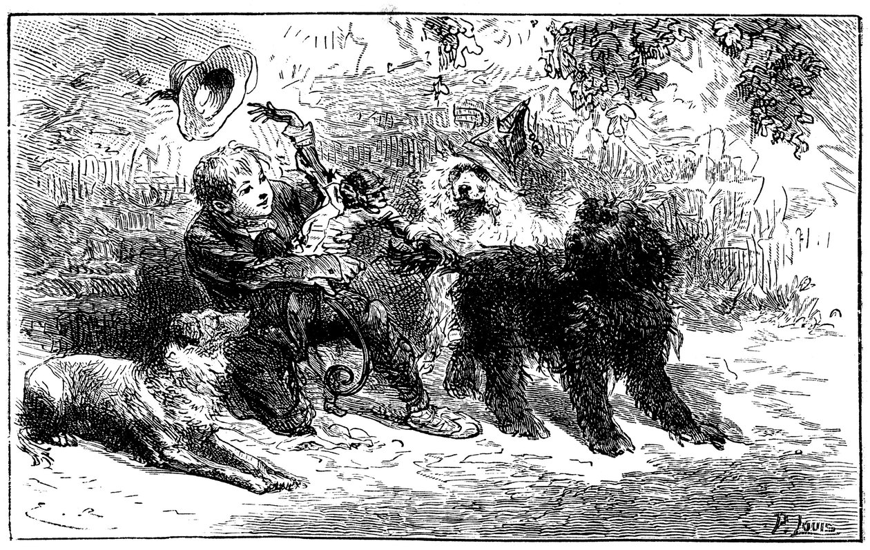 Illustration par Emile Bayard pour le roman de Hector Malot "Sans Famille" : Rémi joue avec ses amis, les animaux savants de la troupe de Monsieur Vitalis, artiste itinérant - Joli-Cœur, le singe et les trois chiens Capi, Zerbino et Dol - Emile Antoine Bayard