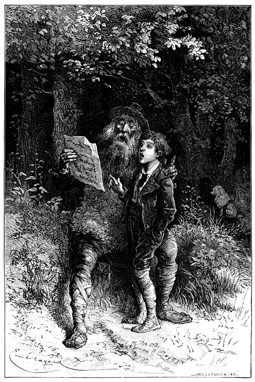 Illustration par Emile Bayard pour le roman de Hector Malot "Sans Famille" : Rémi chante avec Monsieur Vitalis, artiste itinérant - musicien de rue, saltimbanque - Édition Hetzel 1880 - Emile Antoine Bayard