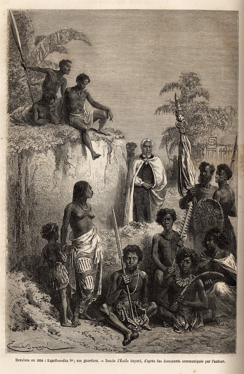 Kamehameha I (ca. 1758-1819), roi des îles Hawaï et fondateur de leur unité, entouré de guerriers hawaïens et de quelques sujets à Honolulu, gravure d