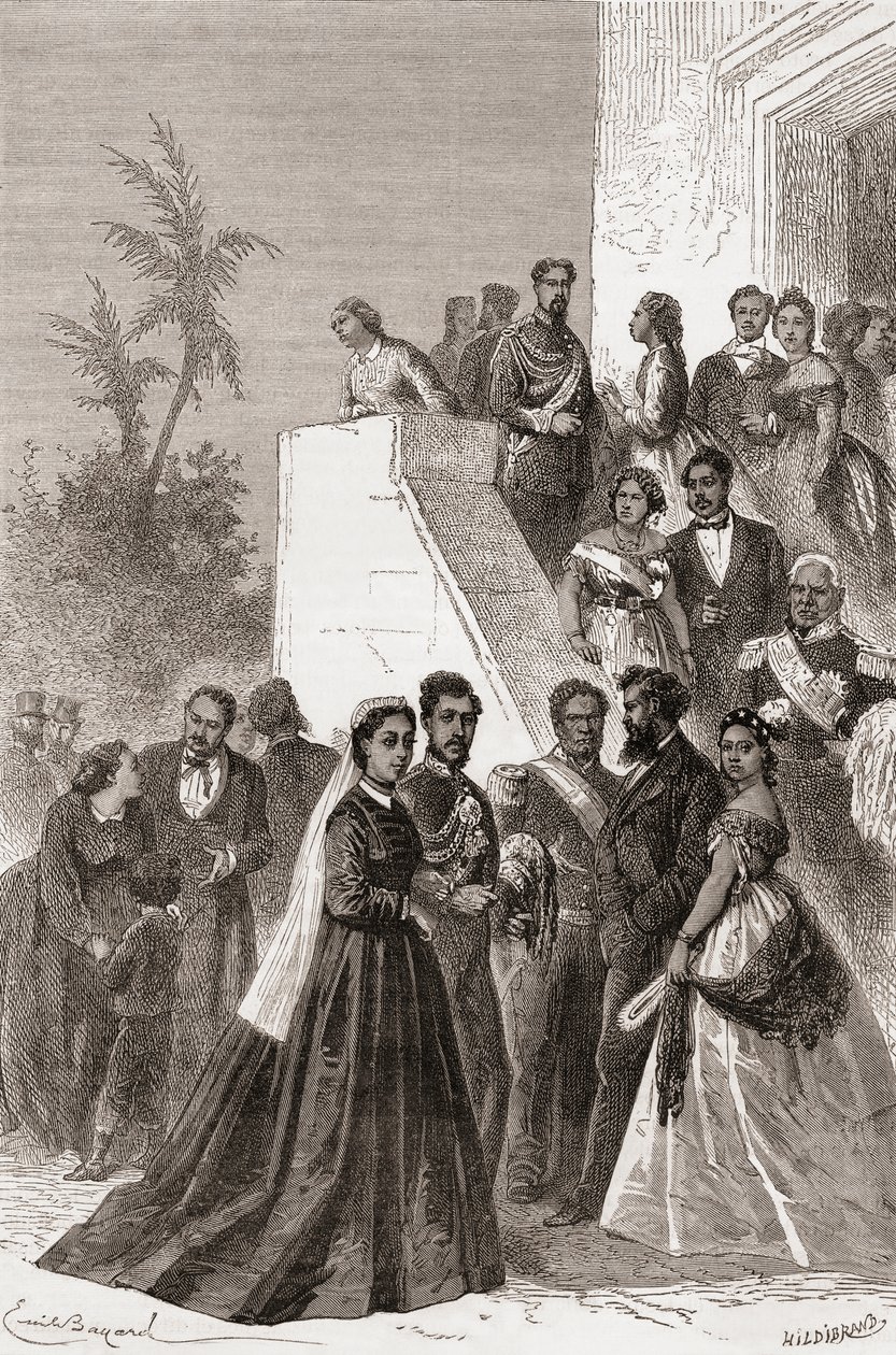 Kamehameha V, au centre, avec sa famille, illustration de 