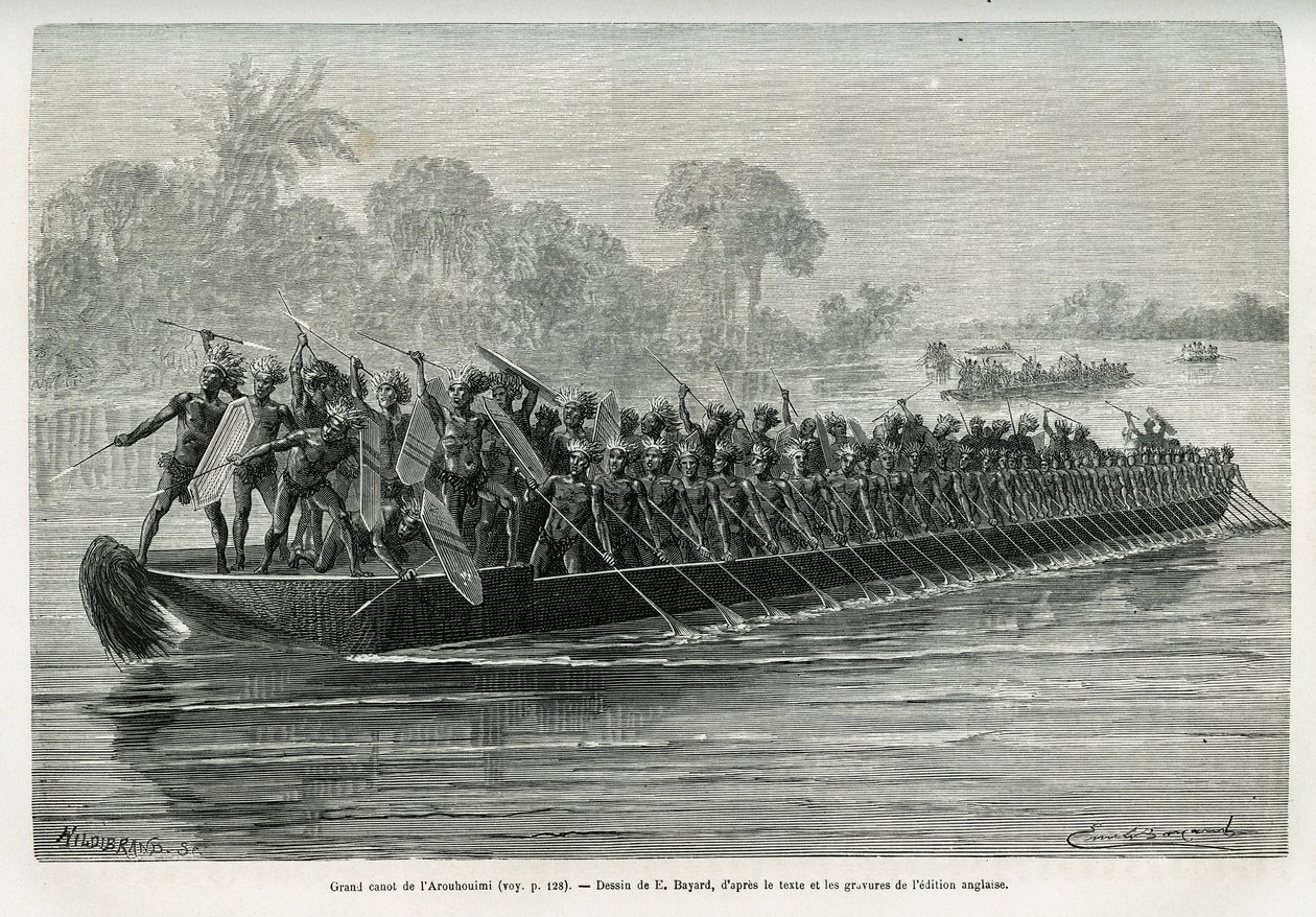 Grande pirogue des Arouhouimi, chargée de 40 pagayeurs debout et de vingt guerriers en armes, sur le fleuve Livingstone (Congo), dessin par Emile Bayard, pour illustrer l