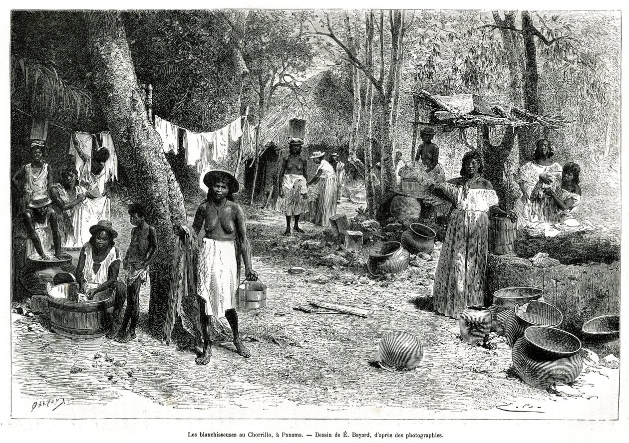 Les blanchisseuses au Chorillo, Panama, gravure d