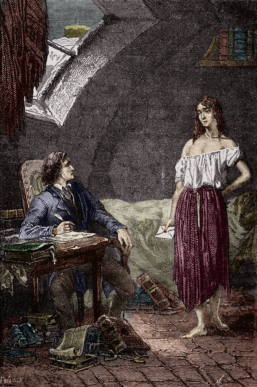 Marius et Éponine, fille aînée des Thénardier et amoureuse de Marius Illustration du roman « Les Misérables » de Victor Hugo (1802-1885) Illustration par Émile Bayard - (Éponine Thénardier (fille Jondrette) et Marius) Gravure Collection privée - Emile Antoine Bayard