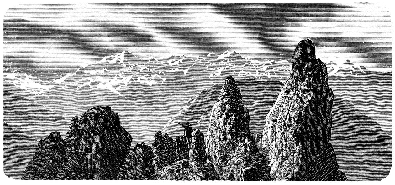 Sommet de montagne appelé Pierre à Voir près des bains de Saxon dans le Valais, Alpes suisses. Illustration par Émile Bayard pour le livre d