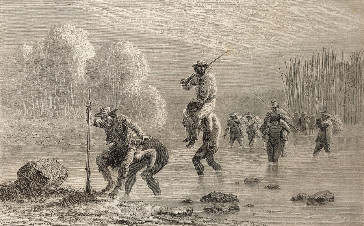 Paul Marcoy et son expédition transportés à travers un marais en Argentine par des indiens Chuncho en 1874, illustration de 