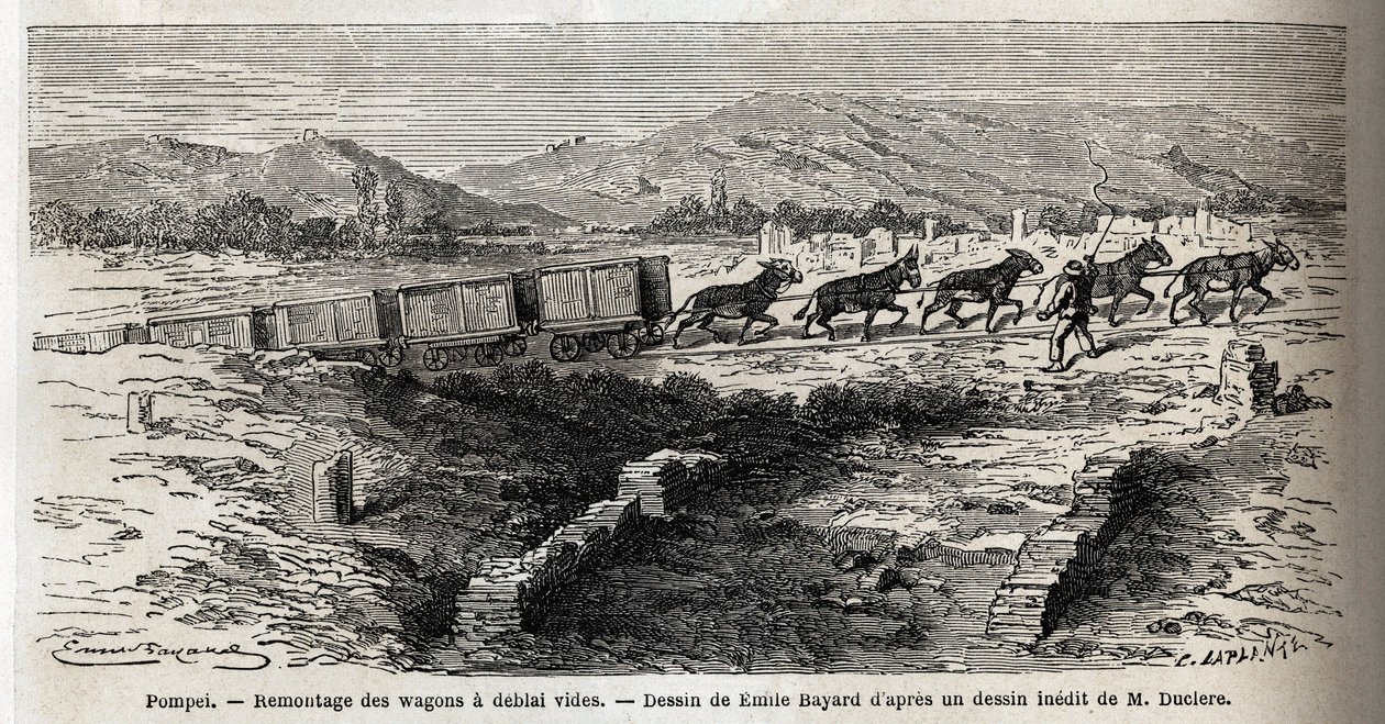Rassemblement de wagons vides lors des fouilles de 1864 à Pompéi, dessin d