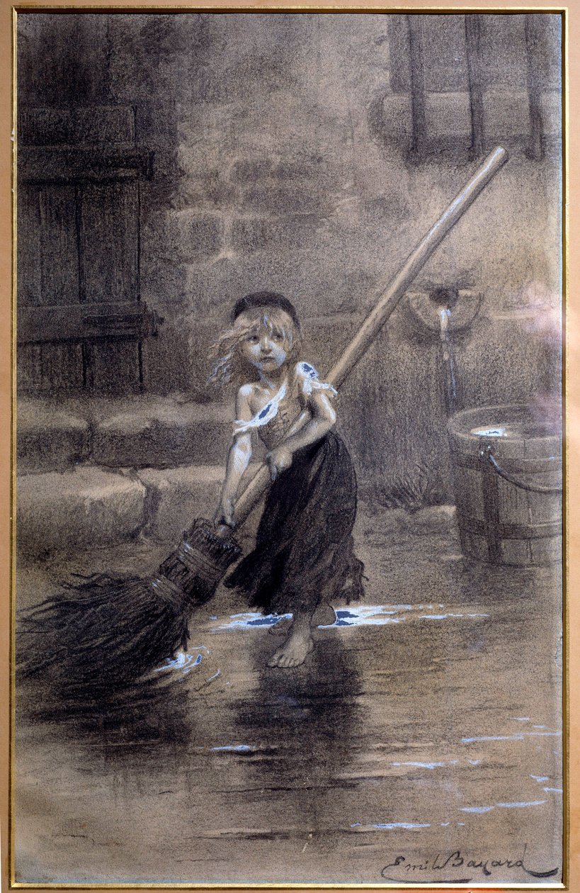 Représentation de Cosette, balayant pieds nus. Illustration pour "Les Misérables" de Victor Hugo par Émile Bayard 19ème siècle. Paris, Maison Victor Hugo - Emile Antoine Bayard