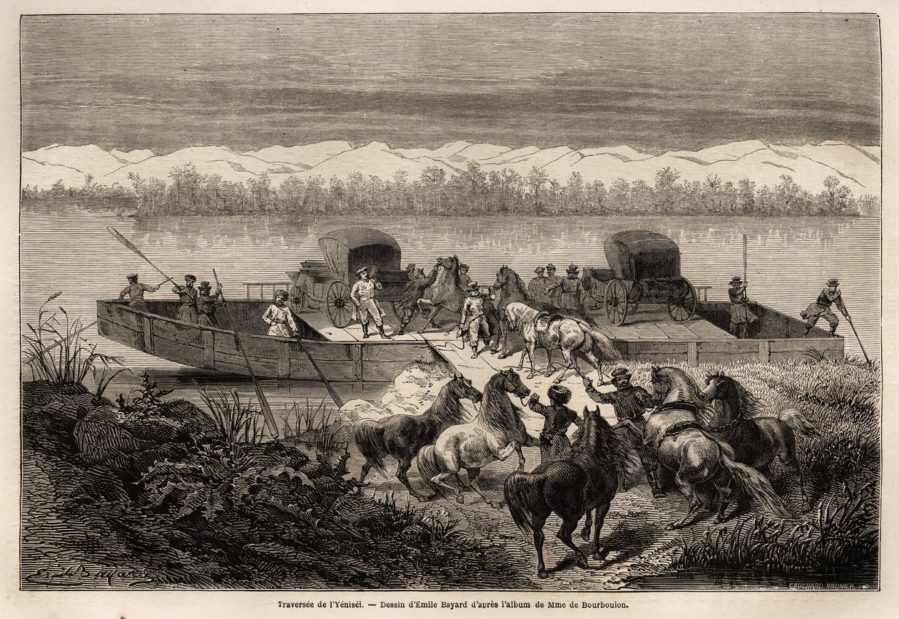 La traversée du fleuve Ienisseï (Russie), dessin d