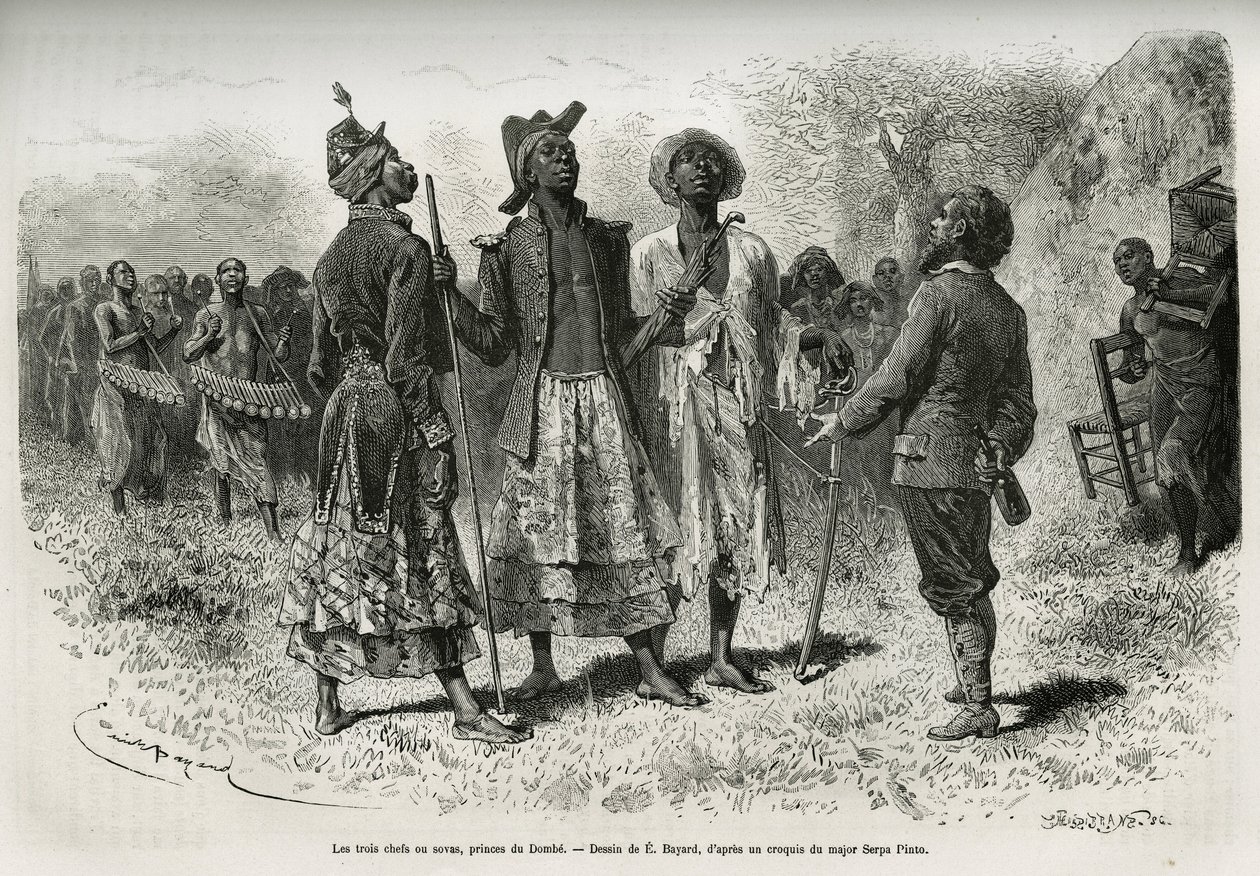 Les trois conducteurs (ou sovas), princes de Dombe (Angola), et leur suite de musiciens et courtisans, venant à la rencontre de l
