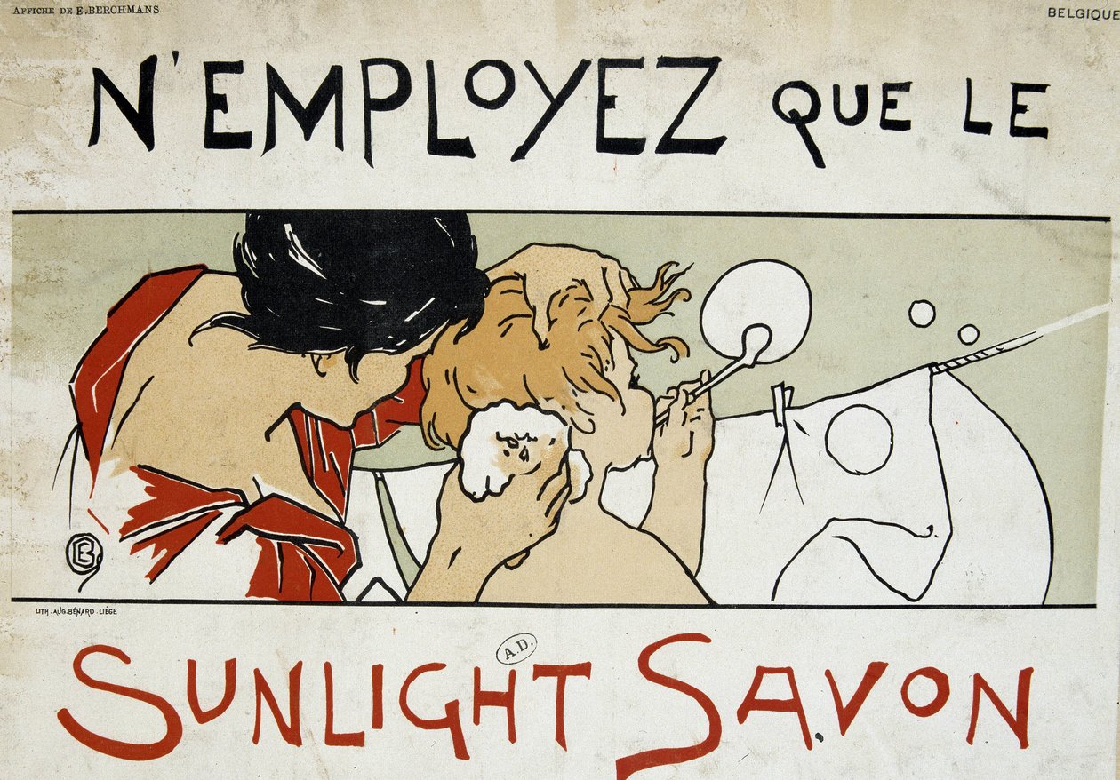 Utilisez uniquement le savon Sunlight, Mère faisant la toilette de son enfant et lessive étendue - par Berchmans, fin du 19e siècle - Émile Berchmans