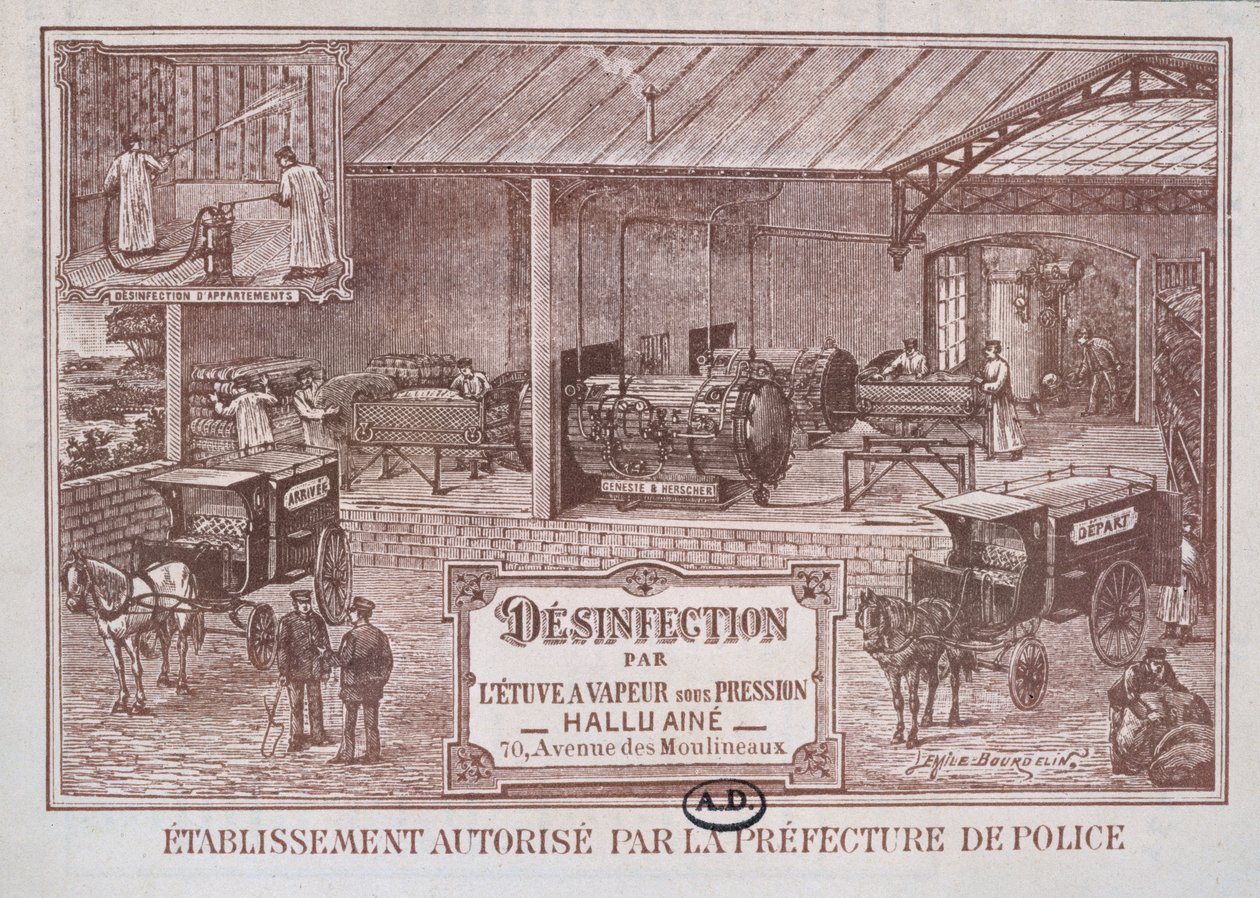 Affiche publicitaire pour les machines de désinfection par la vapeur produites par Hallu Aine, fin du XIXe siècle - Emile Bourdelin