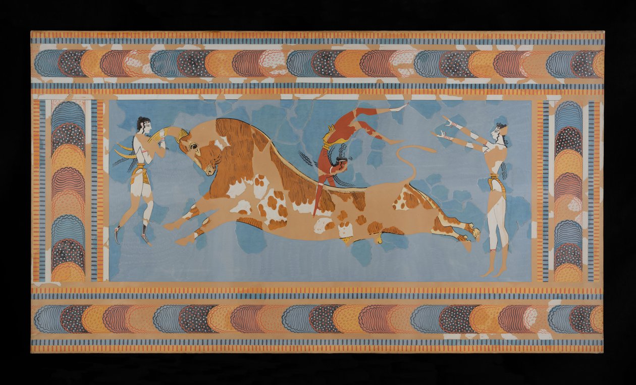 Peinture de la fresque restaurée du Taureador du Palais de Minos à Knossos (Dessin de fresque d