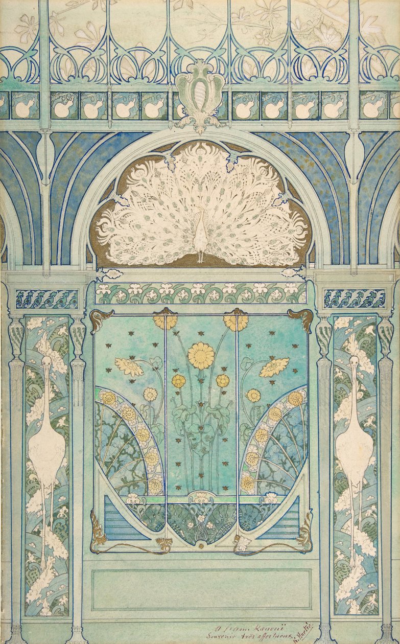 Décor mural avec paon, grues et tournesols pour le restaurant - Emile Hurtré