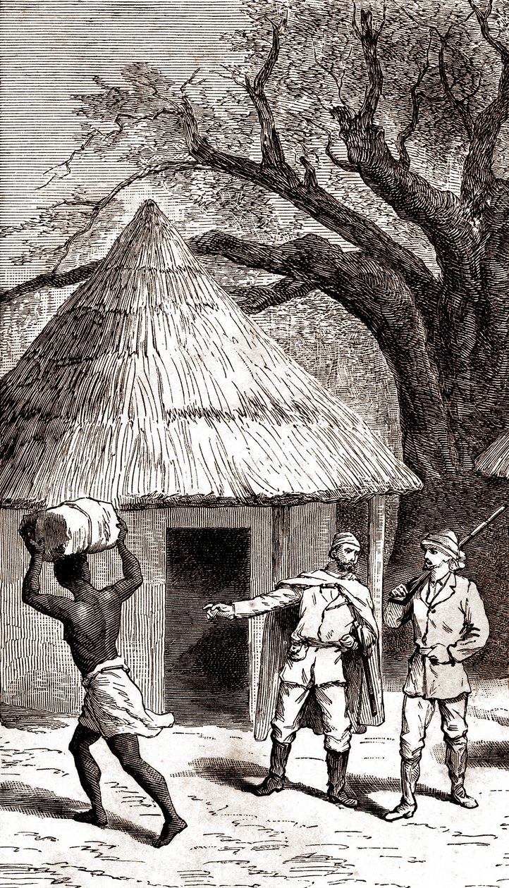 Explorateurs et porteurs devant une hutte africaine, 1887 (