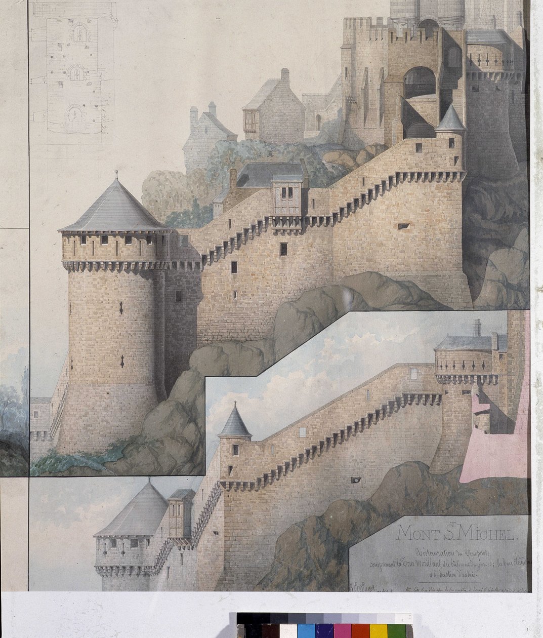 Vue des mâchicoulis entre la tour Nord et la tour Claudine du Mont Saint Michel. Dessin d