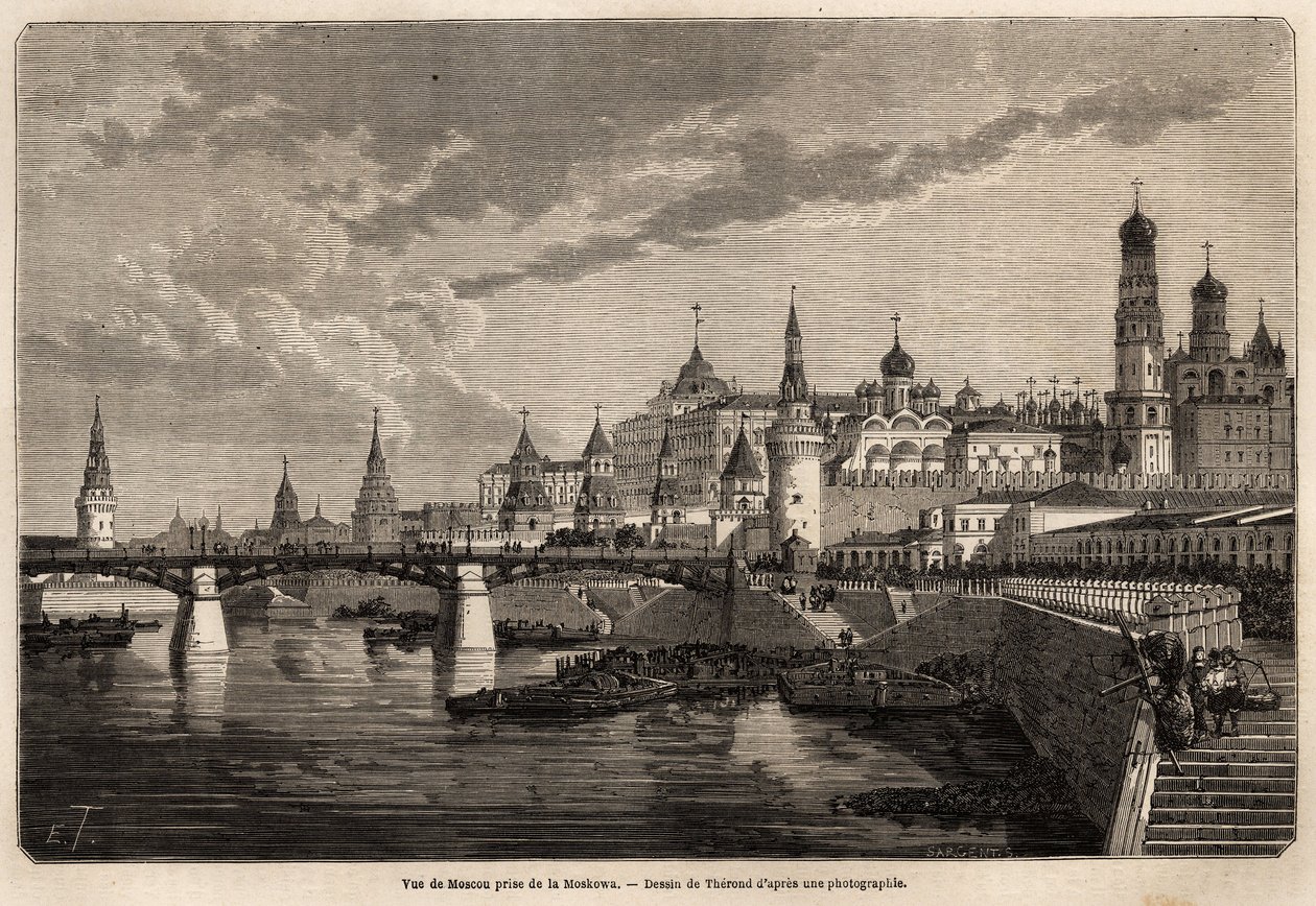 Vue générale de Moscou, prise de la Moskowa, dessin de Therond, pour illustrer le voyage de Shanghai à Moscou, de 1859 à 1862, de M. de Bourboulon, ministre de France en Chine. Gravure dans « Le tour du monde », édité par Edouard Charton - Emile Theodore Therond