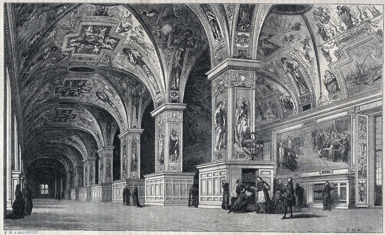 Vue intérieure de la bibliothèque du Vatican au XVIIIe siècle. Gravure par Therond d
