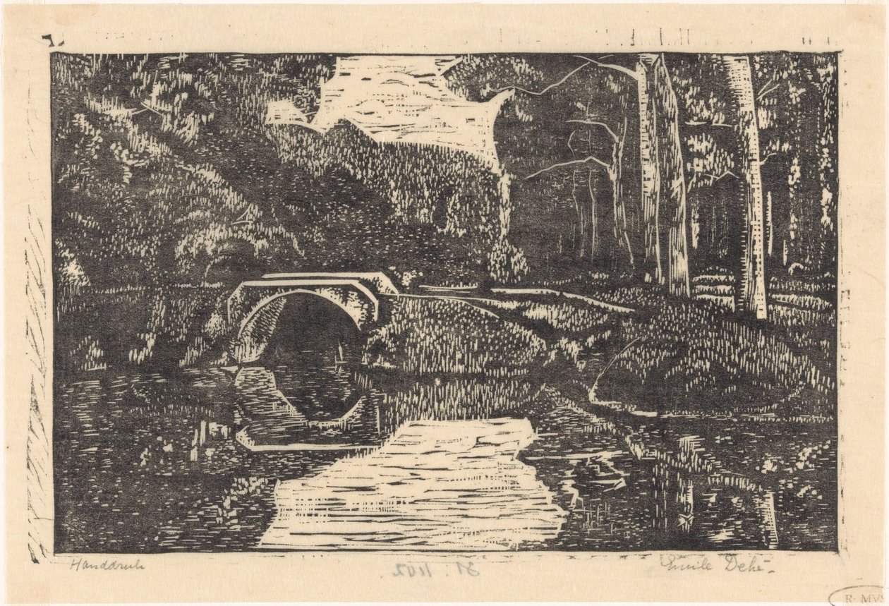 Pont sur un canal dans une forêt - Emilius Wilhelmus Dehé (signed by artist)