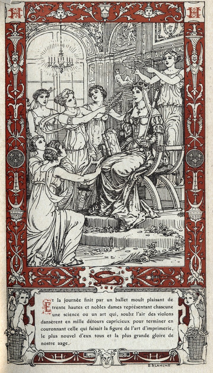 Ballet au château de Fontainebleau où les dames de la cour du roi Henri II (1519 - 1559) représentent chacune une science ou un art. Gravure de 1914 par Emmanuel Blanche. Collection privée. - Emmanuel Blanche