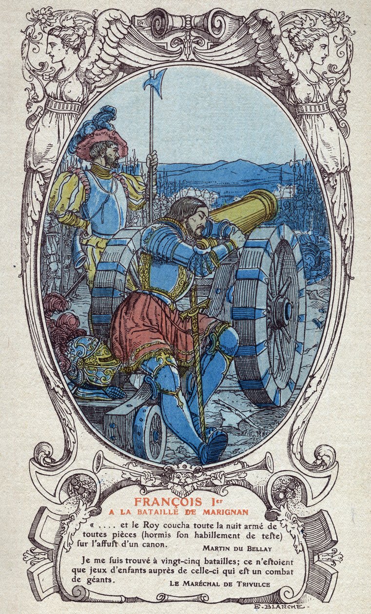 Le roi de France François Ier (1494-1547) à la bataille de Marignan les 13 et 14 septembre 1515. Gravure de 1914 par Emmanuel Blanche. Collection privée. - Emmanuel Blanche