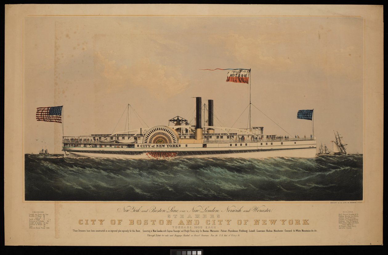 Ligne New York et Boston, via New London, Norwich et Worcester, vapeurs City of Boston et City of New York - Endicott Endicott