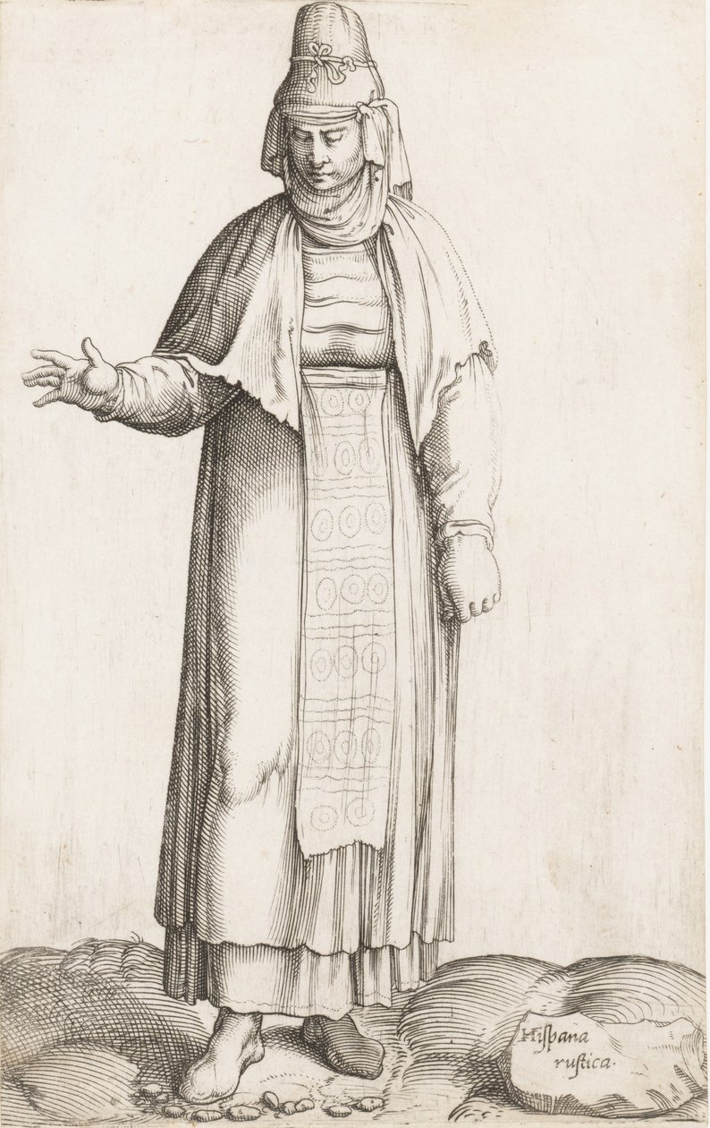 Planche de costume : Hispana Rustica avec étiquette sur le rocher, ca. 1557-58 - Enea Vico