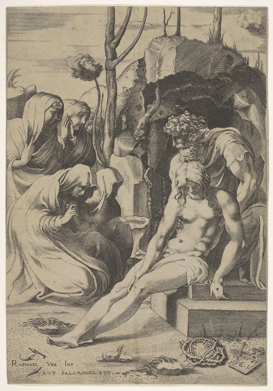 Mise au tombeau du Christ, dont la poitrine est saisie par Joseph d