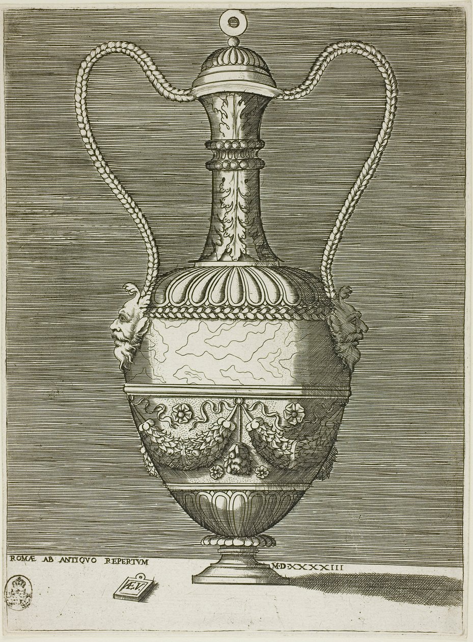 Vase avec deux masques grotesques, planche six de la série de vases dessinés d