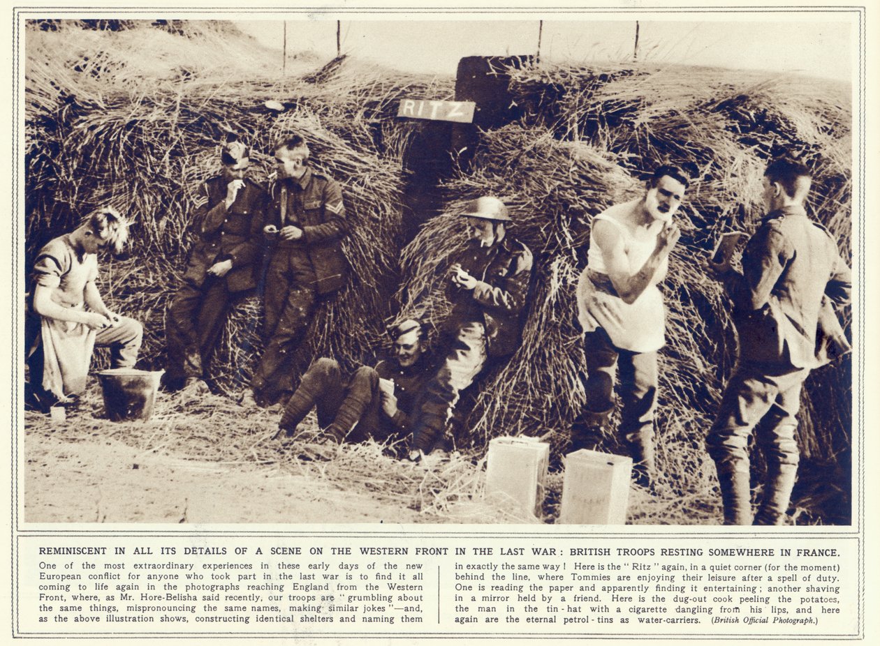 Troupes britanniques se reposant quelque part en France, de The Illustrated War News, publié le 1er novembre 1939 - English Photographer