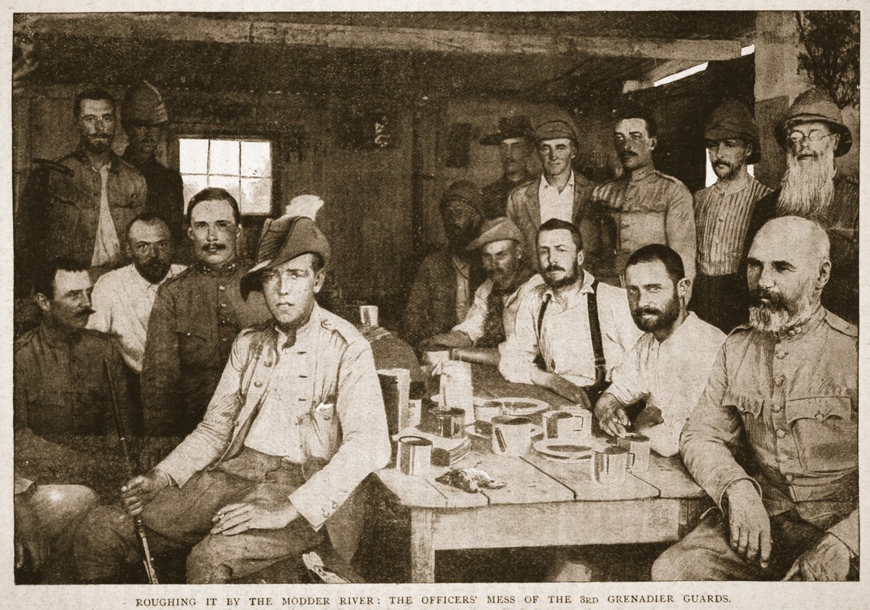 La vie rude au bord de la rivière Modder : le Mess des officiers des 3e Grenadier Guards, illustration de Batailles du XIXe siècle, Vol. VI : La guerre des Boers de 1899-1900 par Archibald Forbes, G.A. Henty - English Photographer