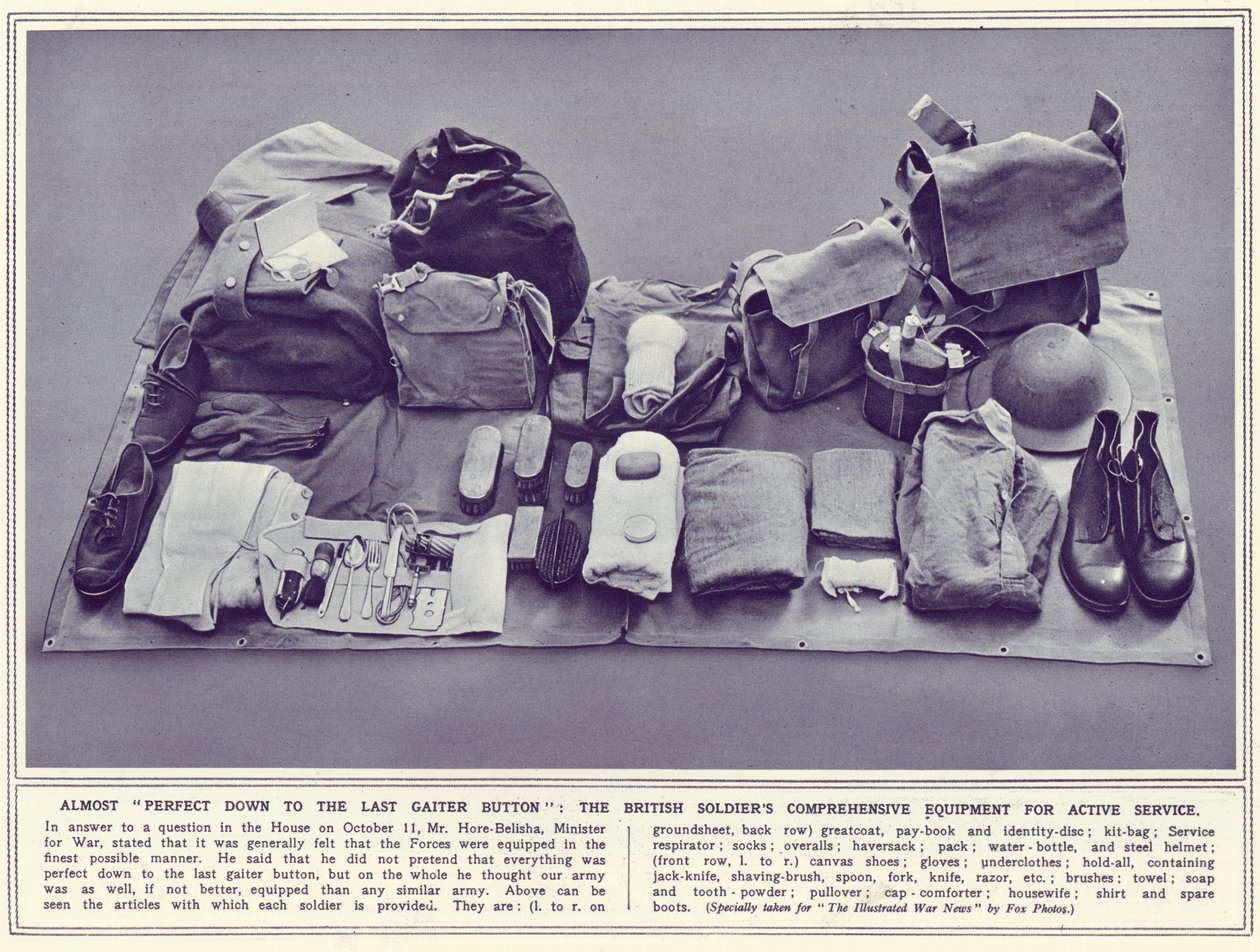 Équipement complet du soldat britannique pour le service actif, de The Illustrated War News, publié le 8 novembre 1939 - English Photographer