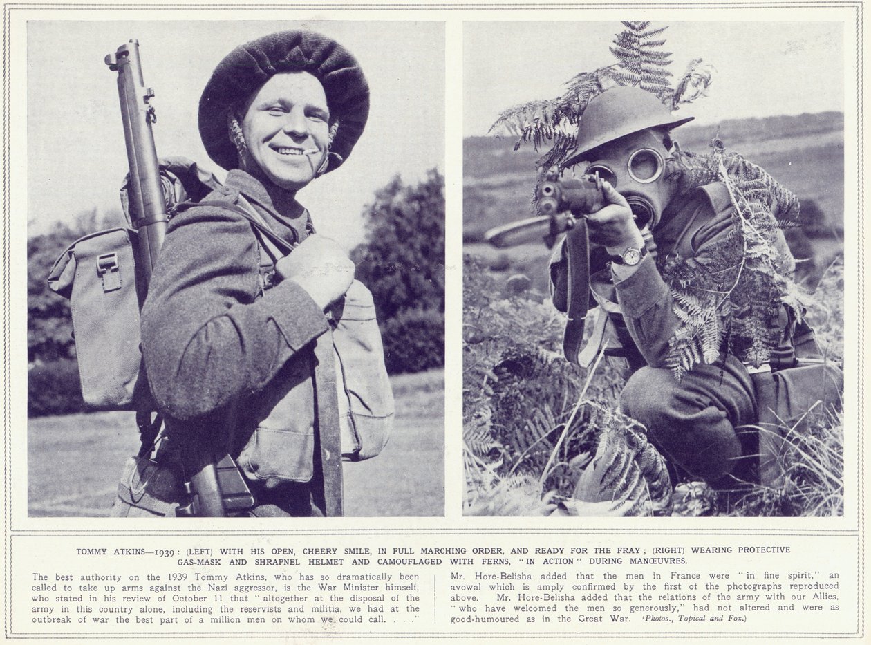 Tommy Atkins, avec un sourire joyeux et en ordre de marche complet avec masque à gaz protecteur et camouflage, prêt pour le combat, de The Illustrated War News, publié le 8 novembre 1939 - English Photographer