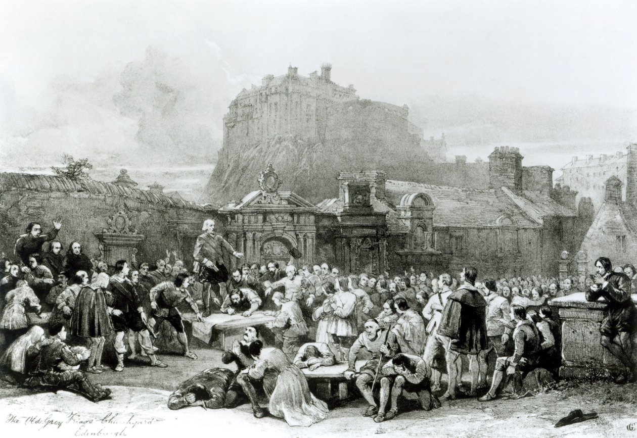 Une foule fait la queue pour signer le National Covenant devant le cimetière de Grey Friar, Édimbourg en 1638 - English School