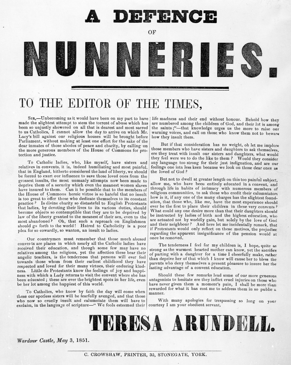 Une défense des couvents par Theresa Arundell - English School