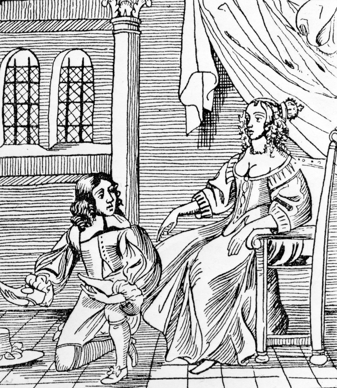 Un cordonnier du XVIIe siècle ajustant un client distingué, illustration de 