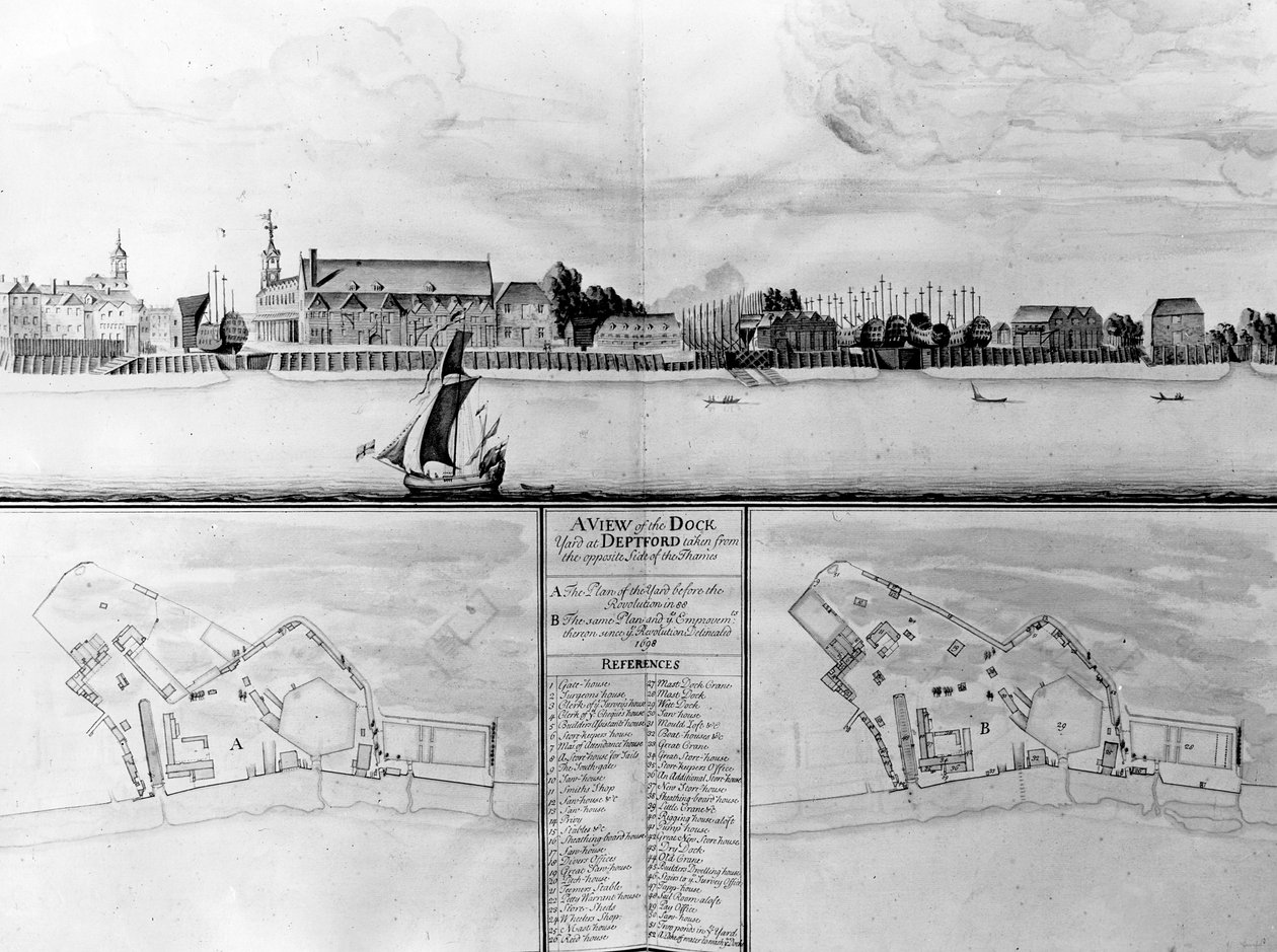 Vue du chantier naval de Deptford prise du côté opposé de la Tamise, 1698 - English School
