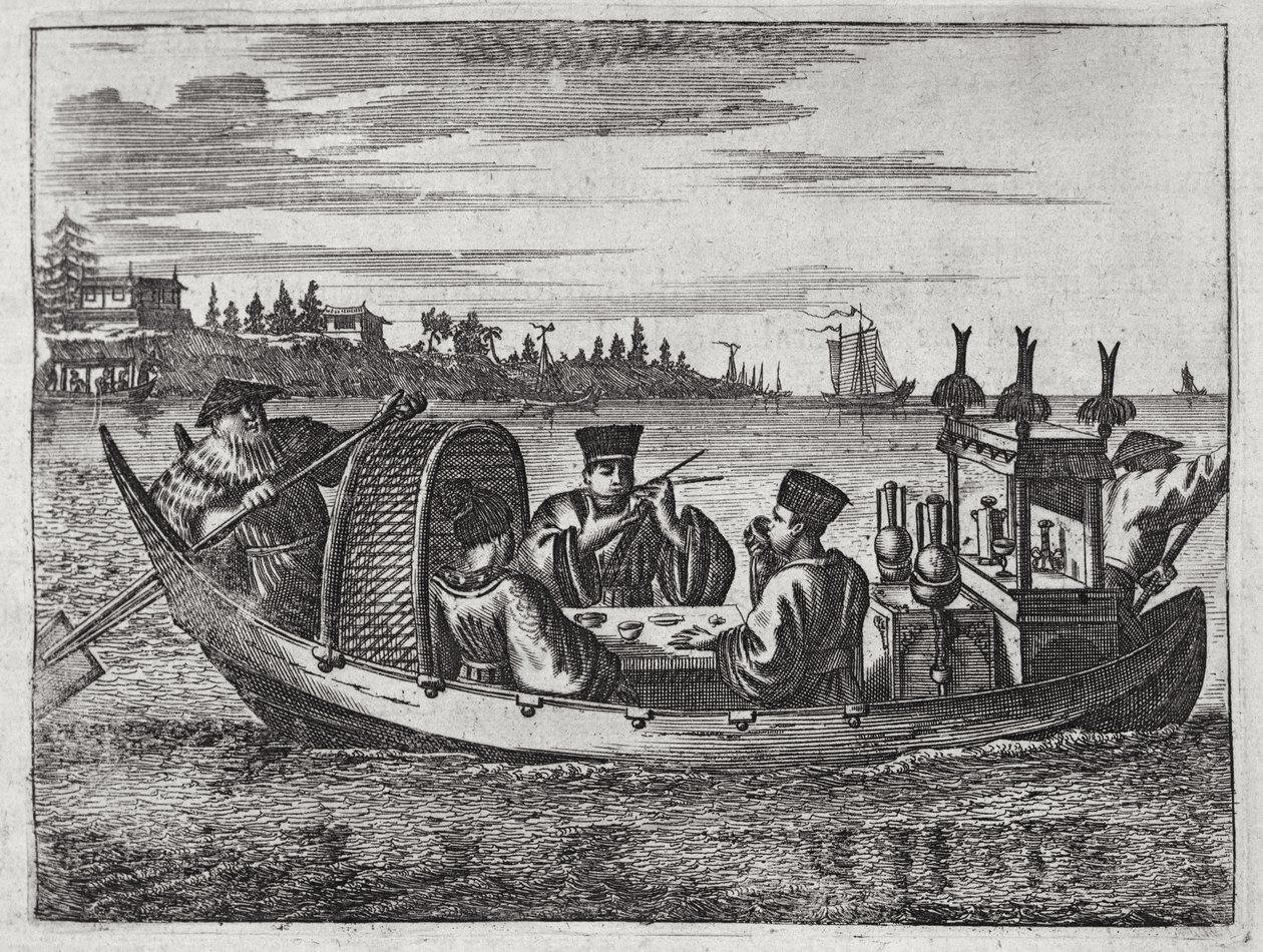 Un Mandarin riche dînant dans un bateau, illustration tirée d