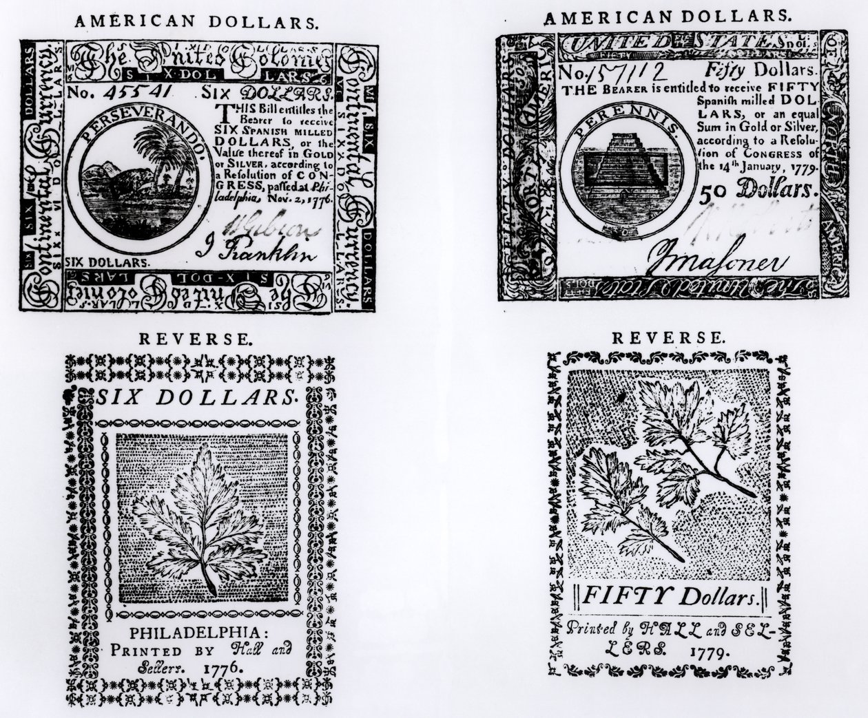 Un billet colonial de six dollars de 1776 et un billet américain de cinquante dollars de 1779 - English School