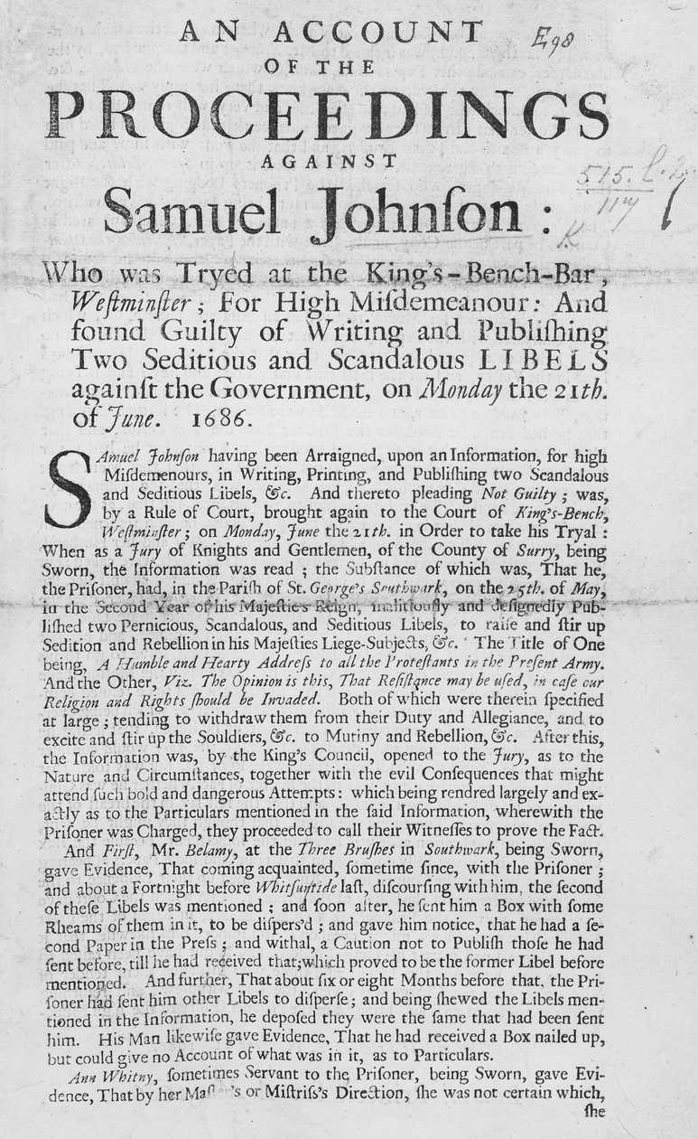 Compte rendu des procédures contre Samuel Johnson, 1686 (gravure) - English School