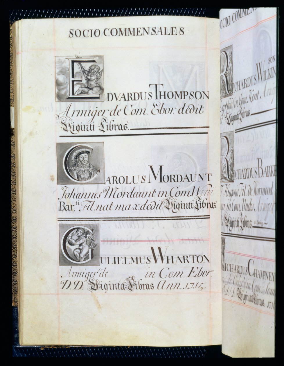 Page listant trois bienfaiteurs de New College, Oxford; Edvardus Thompson, Carolus Mordaunt et Gulielmus Wharton, d