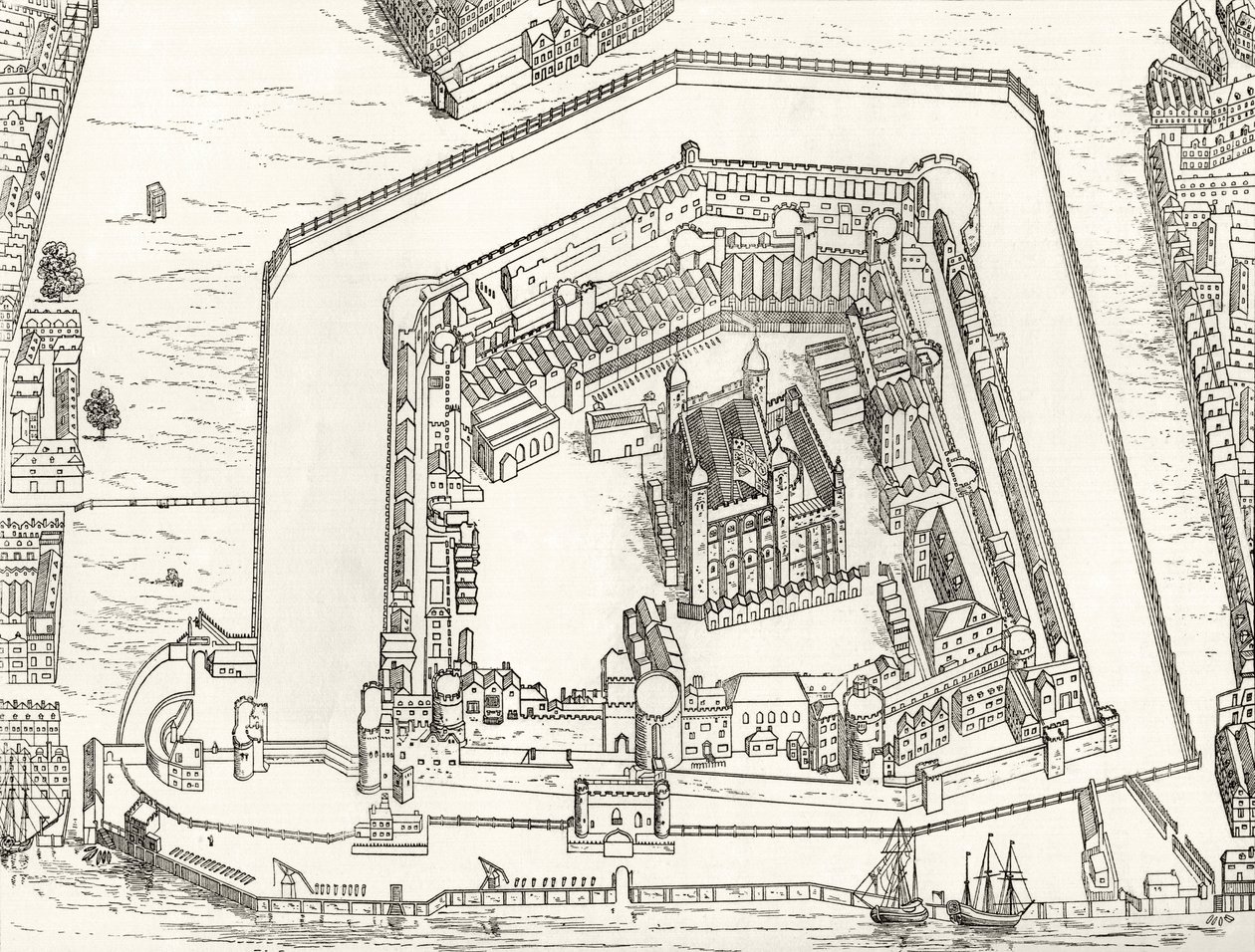 Vue aérienne de la Tour de Londres en 1688, de 