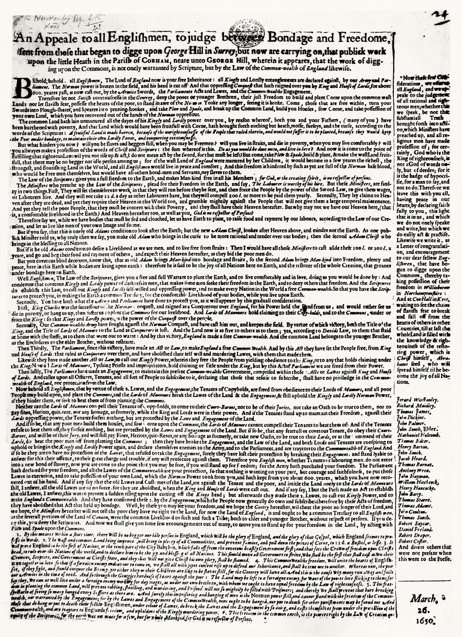 Broadsheet appel aux Diggers, publié en 1650 - English School