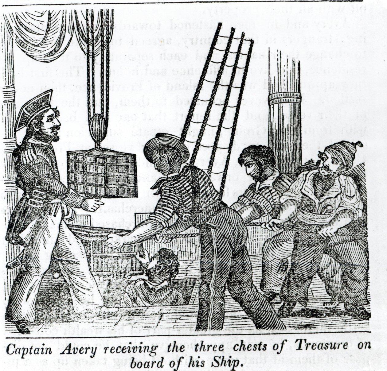 Le capitaine Avery recevant trois coffres de trésor à bord de son navire, illustration de 