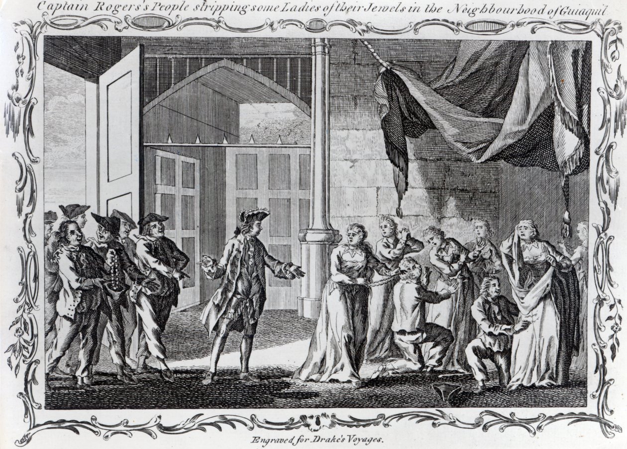 Les gens du capitaine Rogers dépouillant des dames de leurs bijoux dans le voisinage de Guiaquil, 1765 - English School
