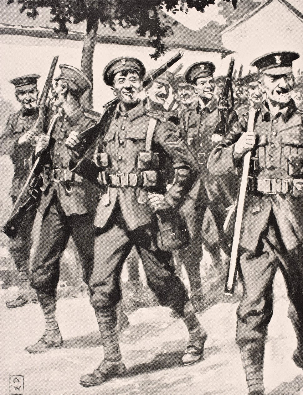 Dessin caricatural de troupes britanniques confiantes en route vers la ligne de front, Front occidental, 1915, tiré de 