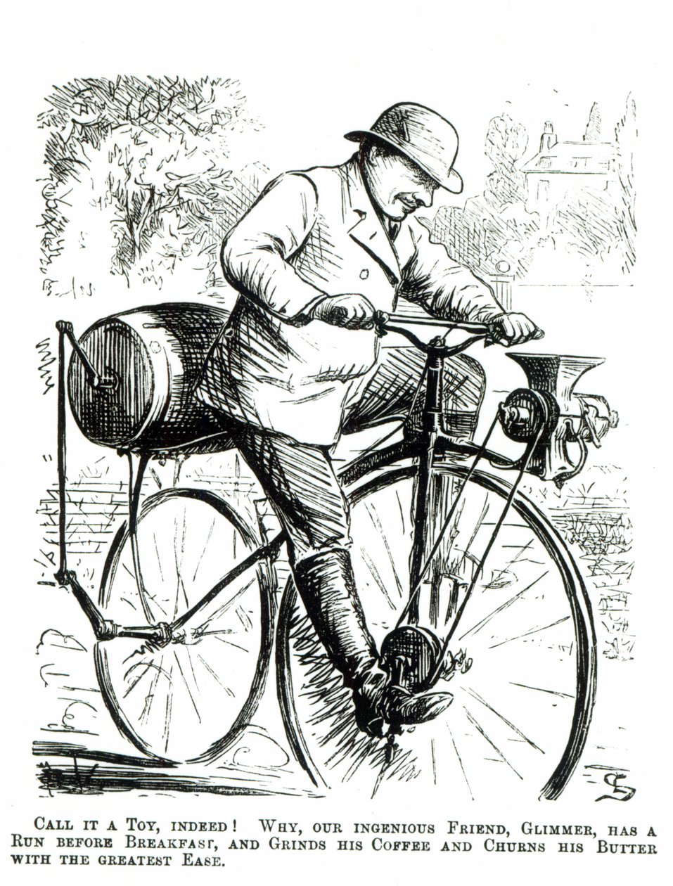 Caricature se moquant des débuts du vélo - English School