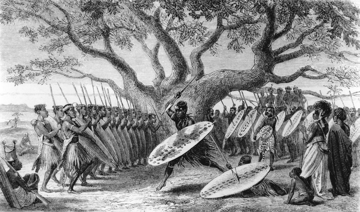 Danse des Landeens, ou Zoulous, arrivés à Shupanga pour lever le tribut annuel des Portugais, gravé par Josiah Wood Whymper (1813-1903) - English School