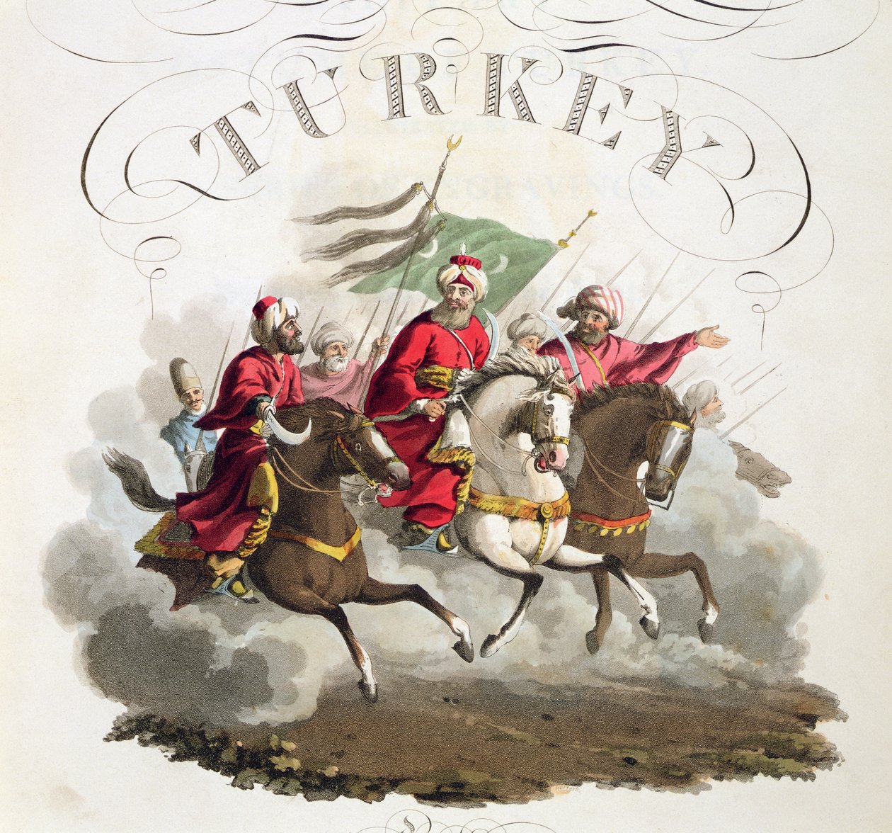 (détail) de la page de titre, du Costumes of the Various Nations, Volume VII, The Military Costume of Turkey, par Thomas MacLean, publié c.1800-18 (aquatinte colorée à la main) - English School