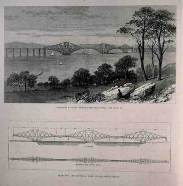 Élévation et plan en coupe du pont de Forth, Édimbourg, de The Illustrated London News, 28 janvier 1882 - English School